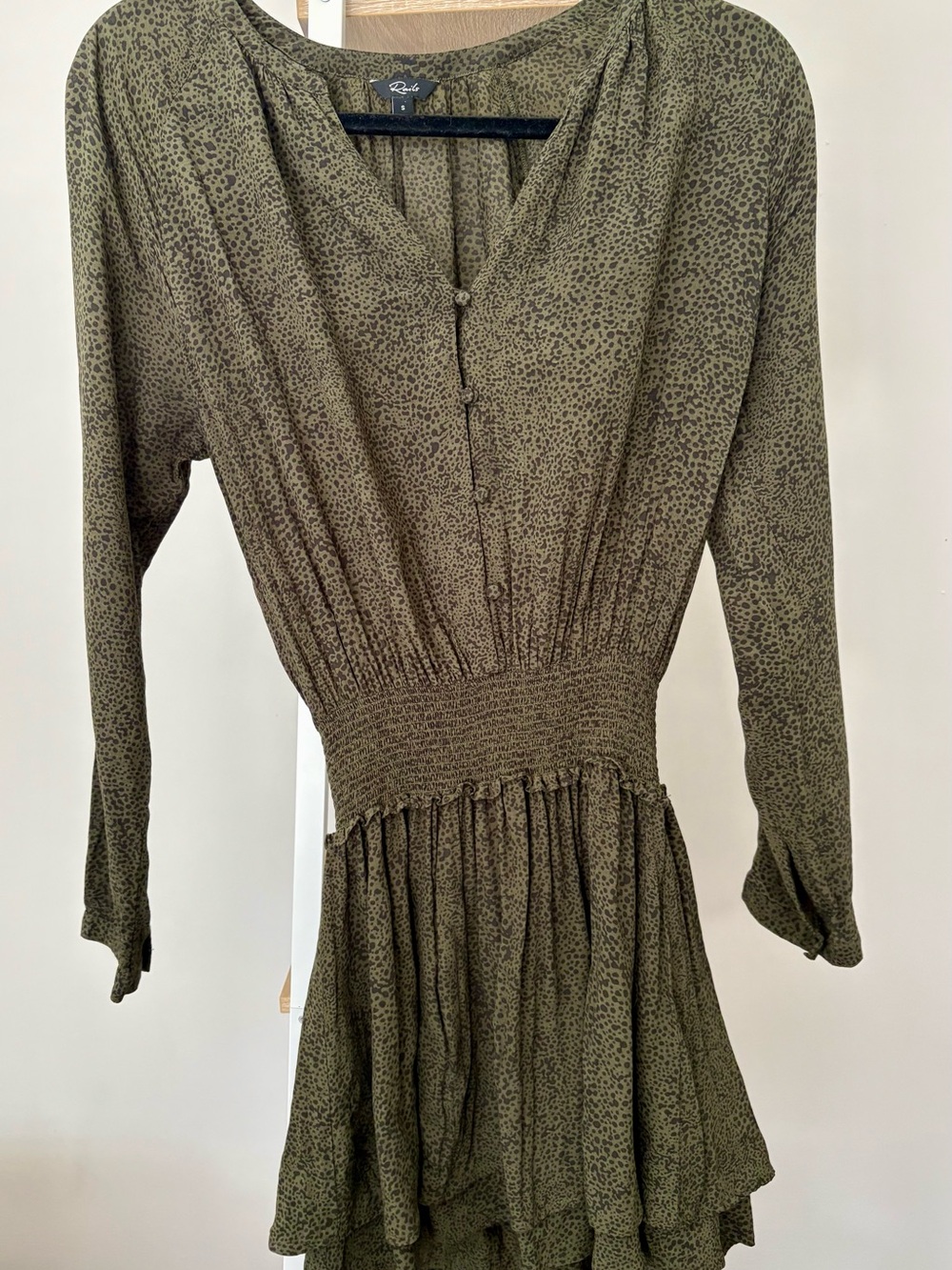 Rails Olive Print Long-Sleeve Smocked Waist Dress